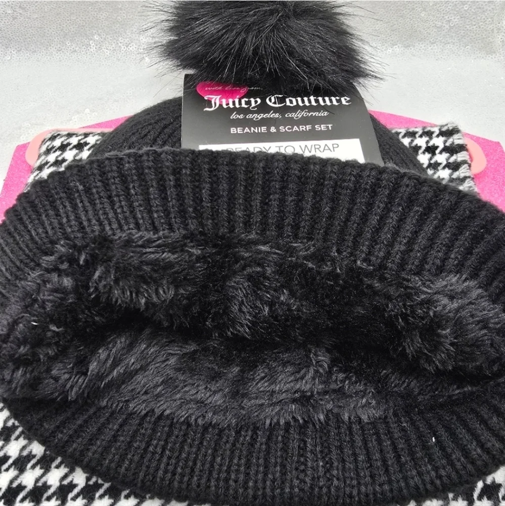 Juicy Couture Pom Pom Beanie & Scarf Set with Gift Box Black White Check Design